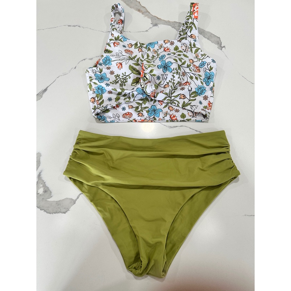 ZAFUL Floral Knot Front Bikini Set Olive Green High Waisted Swimsuit US 8‎